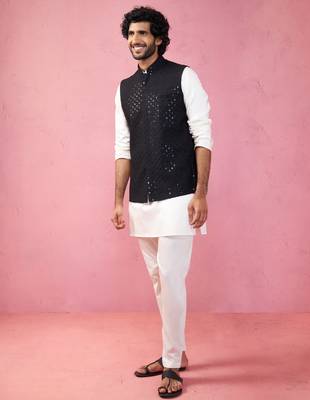 black sequin embroidered nehru jacket with cream kurta pyjama - premium set 4