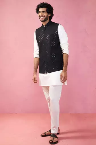 black sequin embroidered nehru jacket with cream kurta pyjama - premium set