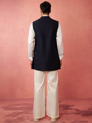 men's navy blue nehru jacket with cream kurta trouser - wedding wear set 5