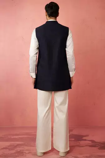 men's navy blue nehru jacket with cream kurta trouser - wedding wear set