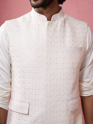 cream embroidered nehru jacket with kurta pyjama - designer wedding set 2