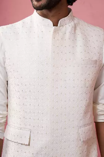 cream embroidered nehru jacket with kurta pyjama - designer wedding set