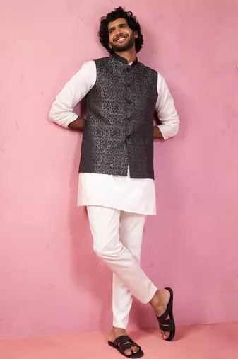 men's grey jacquard nehru jacket with cream kurta pyjama - tailored fit collection