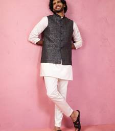 men's grey jacquard nehru jacket with cream kurta pyjama - tailored fit collection
