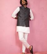 grey jacquard nehru jacket with cream kurta pyjama - tailored fit collection