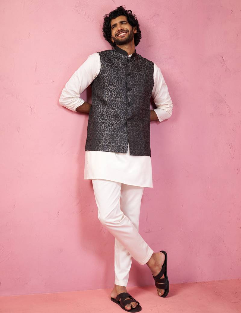 men's grey jacquard nehru jacket with cream kurta pyjama - tailored fit collection
