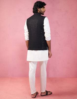 black sequin embroidered nehru jacket with cream kurta pyjama - premium set 5