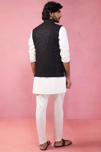 black sequin embroidered nehru jacket with cream kurta pyjama - premium set