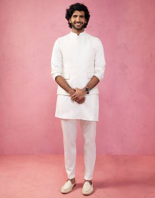 cream embroidered nehru jacket with kurta pyjama - designer wedding set 3