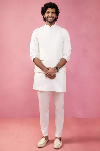 cream embroidered nehru jacket with kurta pyjama - designer wedding set