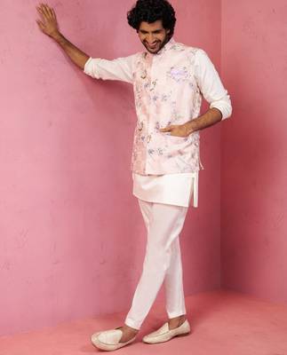 peach silk nehru jacket with cream kurta pyjama - designer festive set 1