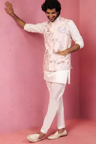 men's peach silk nehru jacket with cream kurta pyjama - designer festive set
