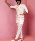 peach silk nehru jacket with cream kurta pyjama - designer festive set