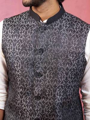 grey jacquard nehru jacket with cream kurta pyjama - tailored fit collection 2
