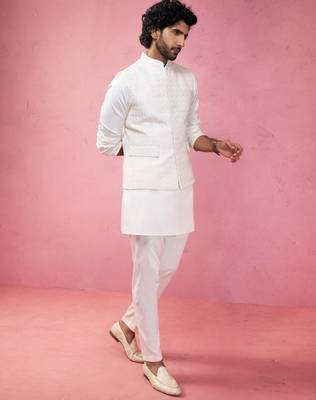 cream embroidered nehru jacket with kurta pyjama - designer wedding set 4