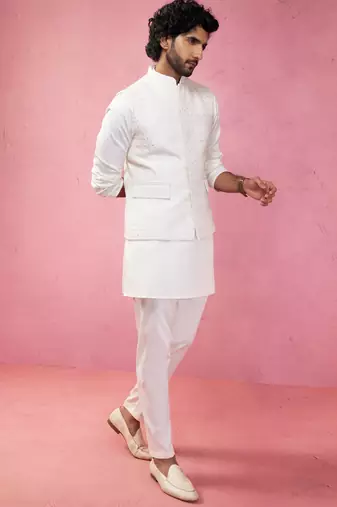 cream embroidered nehru jacket with kurta pyjama - designer wedding set