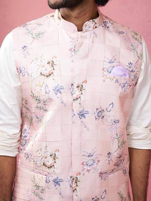 peach silk nehru jacket with cream kurta pyjama - designer festive set 2