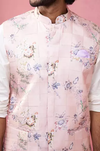 peach silk nehru jacket with cream kurta pyjama - designer festive set