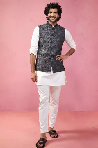 grey jacquard nehru jacket with cream kurta pyjama - tailored fit collection