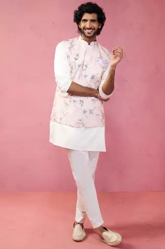 peach silk nehru jacket with cream kurta pyjama - designer festive set