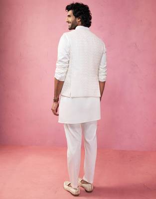 cream embroidered nehru jacket with kurta pyjama - designer wedding set 5