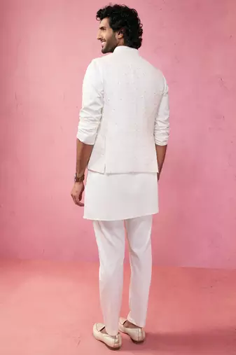 cream embroidered nehru jacket with kurta pyjama - designer wedding set