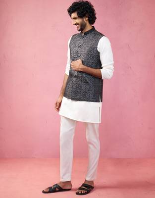 grey jacquard nehru jacket with cream kurta pyjama - tailored fit collection 4