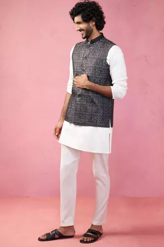 grey jacquard nehru jacket with cream kurta pyjama - tailored fit collection