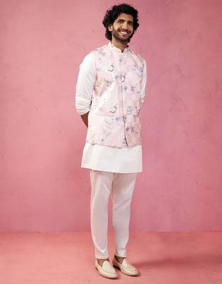 peach silk nehru jacket with cream kurta pyjama - designer festive set 4