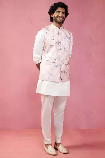 peach silk nehru jacket with cream kurta pyjama - designer festive set