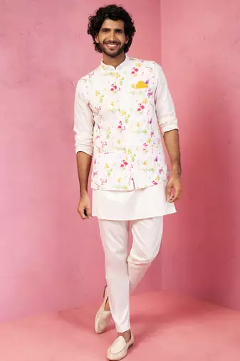 men's cream silk blend nehru jacket kurta pyjama set - festive wedding wear