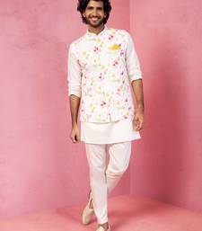men's cream silk blend nehru jacket kurta pyjama set - festive wedding wear