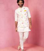 cream silk blend nehru jacket kurta pyjama set - festive wedding wear