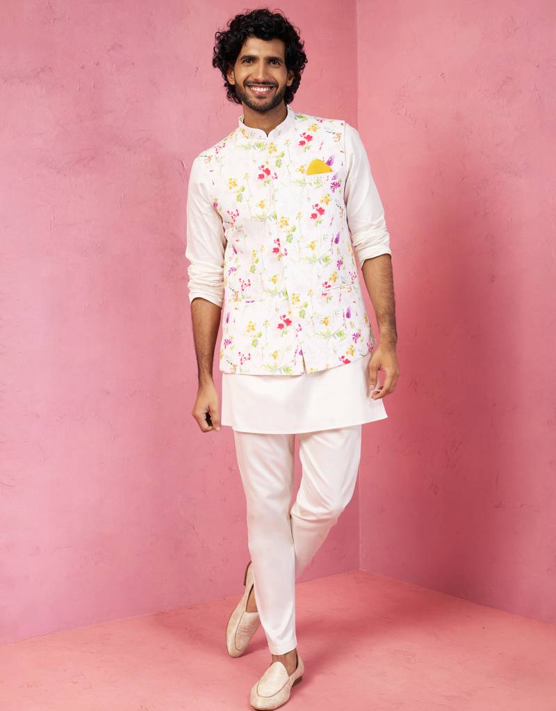 men's cream silk blend nehru jacket kurta pyjama set - festive wedding wear