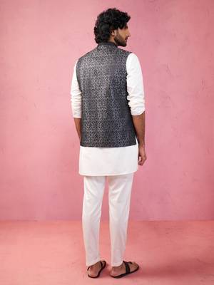 grey jacquard nehru jacket with cream kurta pyjama - tailored fit collection 5