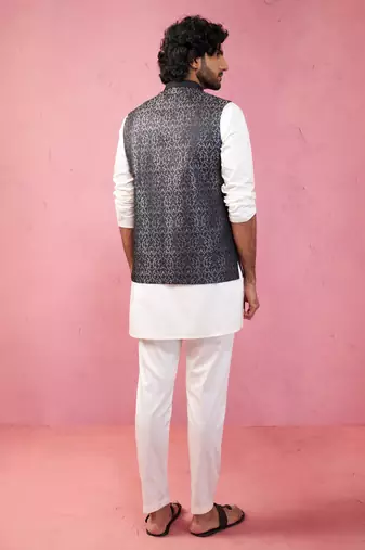 grey jacquard nehru jacket with cream kurta pyjama - tailored fit collection