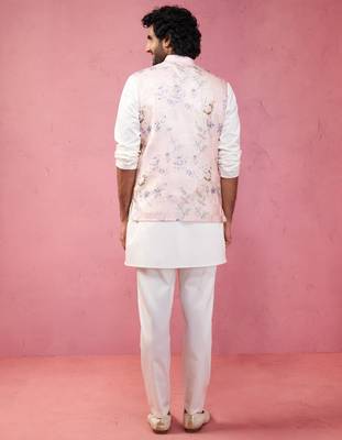 peach silk nehru jacket with cream kurta pyjama - designer festive set 5