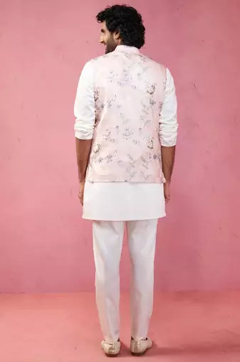 peach silk nehru jacket with cream kurta pyjama - designer festive set