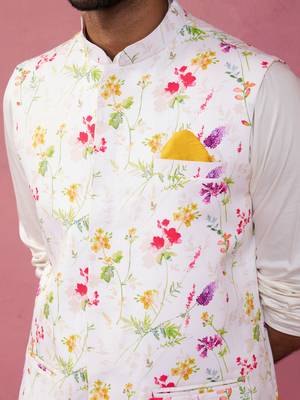 cream silk blend nehru jacket kurta pyjama set - festive wedding wear 2