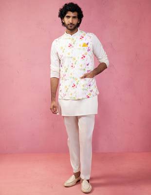 cream silk blend nehru jacket kurta pyjama set - festive wedding wear 3