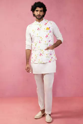 cream silk blend nehru jacket kurta pyjama set - festive wedding wear