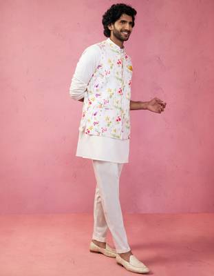 cream silk blend nehru jacket kurta pyjama set - festive wedding wear 4