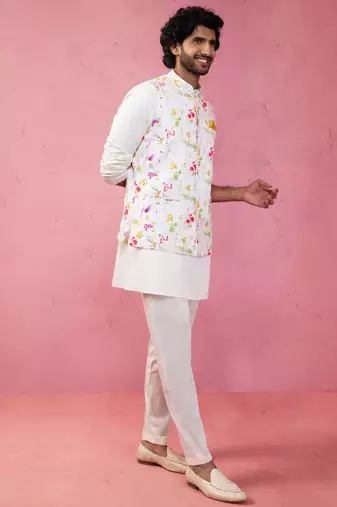 cream silk blend nehru jacket kurta pyjama set - festive wedding wear