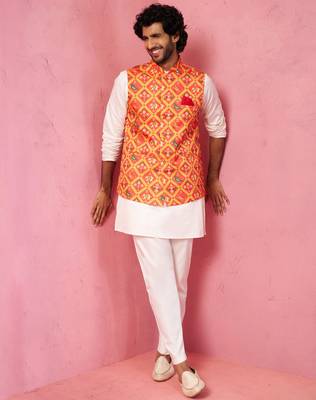 Orange patola print nehru jacket with cream kurta pyjama - festive set 1