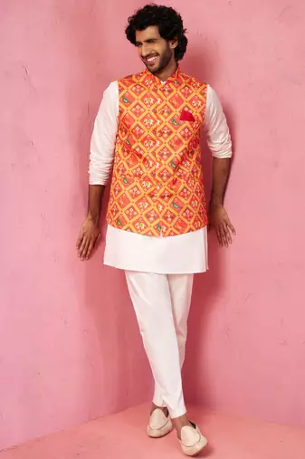 men's Orange patola print nehru jacket with cream kurta pyjama - festive set