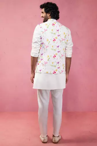 cream silk blend nehru jacket kurta pyjama set - festive wedding wear