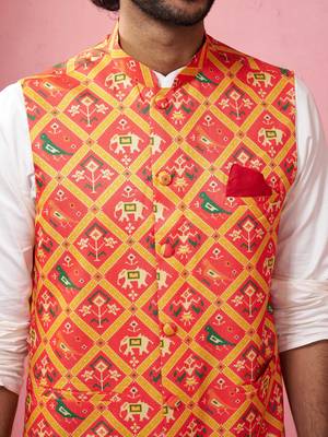 Orange patola print nehru jacket with cream kurta pyjama - festive set 2