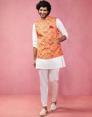 Orange patola print nehru jacket with cream kurta pyjama - festive set 3