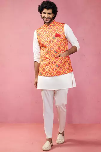 Orange patola print nehru jacket with cream kurta pyjama - festive set