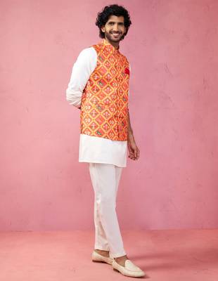 Orange patola print nehru jacket with cream kurta pyjama - festive set 4